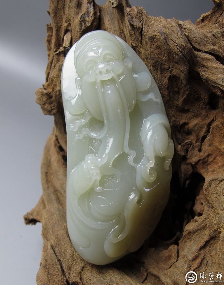 白玉 和田青白玉 独角瑞兽 清代 漢石齋】天然A貨和田青白玉母子瑞獸銜如意玉佩吊墜(47*53*25mm